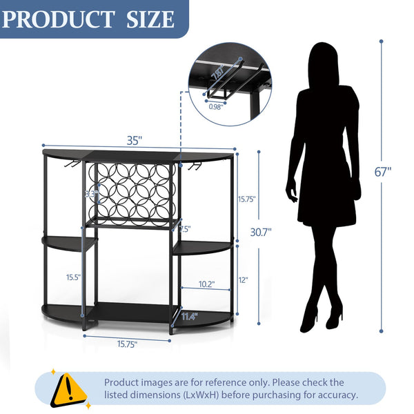 3-Tier Wine Bar Cabinet with LED Lights, Glass Holder & 12-Bottle Storage