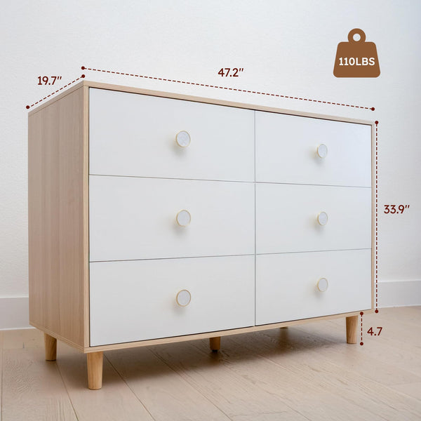 6-Drawer Dresser with Solid Wood Legs – White Nursery & Bedroom Storage
