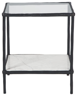 Glass Top Metal Accent Side Table with Marble Shelf