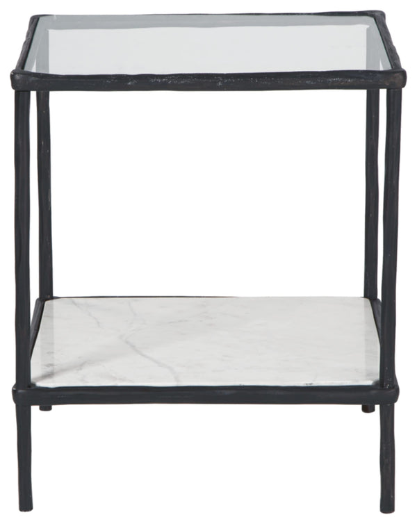 Glass Top Metal Accent Side Table with Marble Shelf