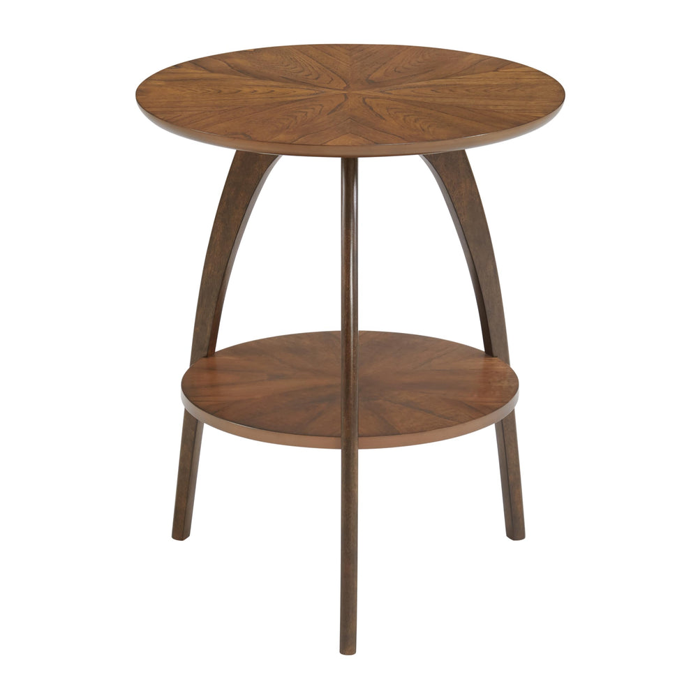 Round Wood End Table – Mid-Century Modern Side Table with Lower Shelf