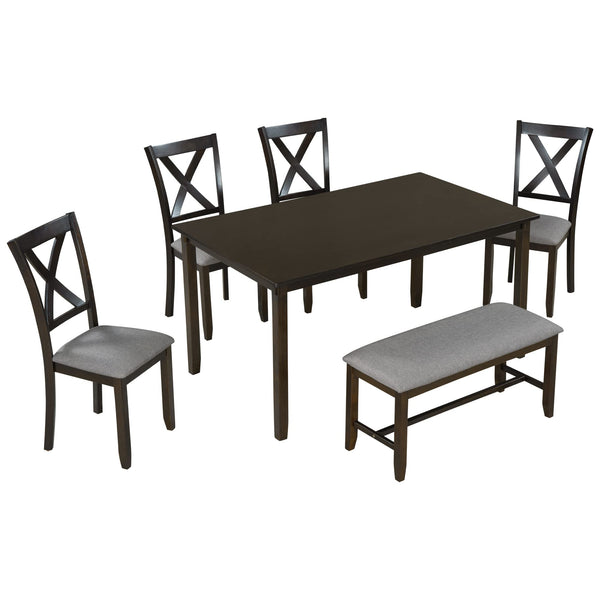 6-Piece Farmhouse Dining Table Set with Bench and Cushioned Chairs