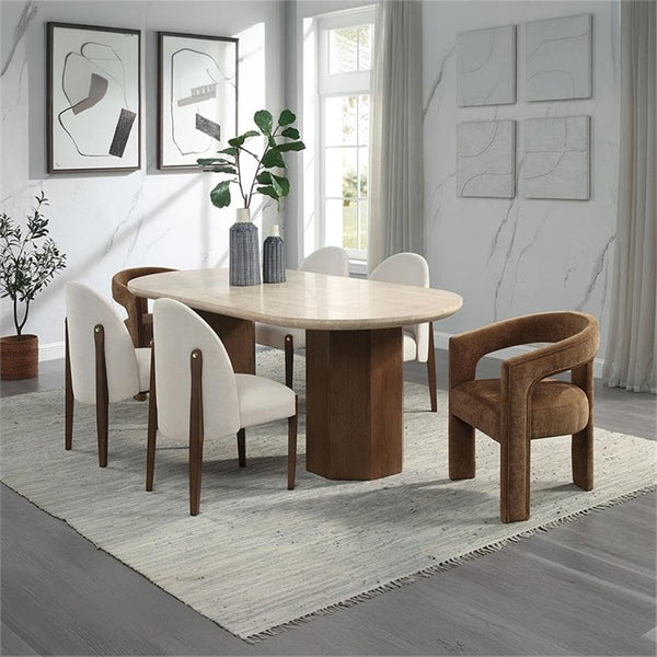Travertine Top Oval Dining Table with Dark Oak Base