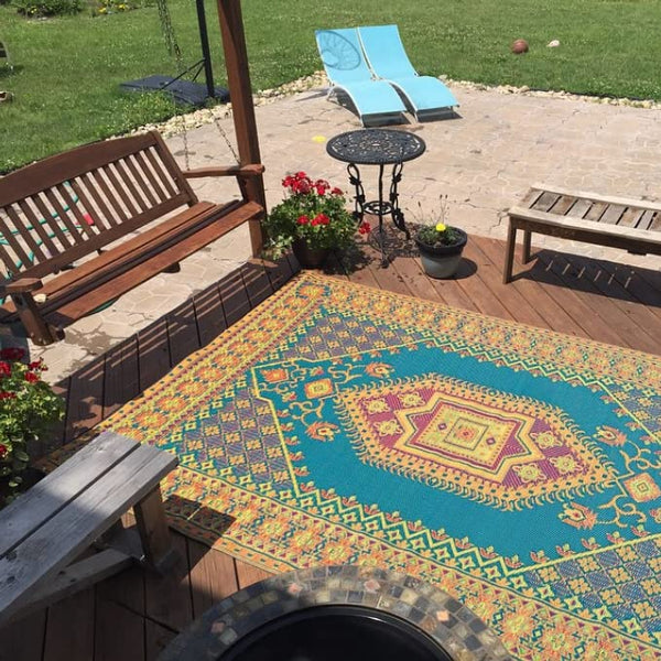 Outdoor Turkish Pattern Area Rug - Aqua, 6 ft x 9 ft