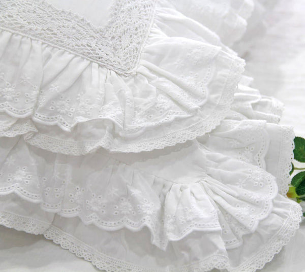 Euro Pillow Shams 26x26 – White Lace & Ruffle Cotton Covers