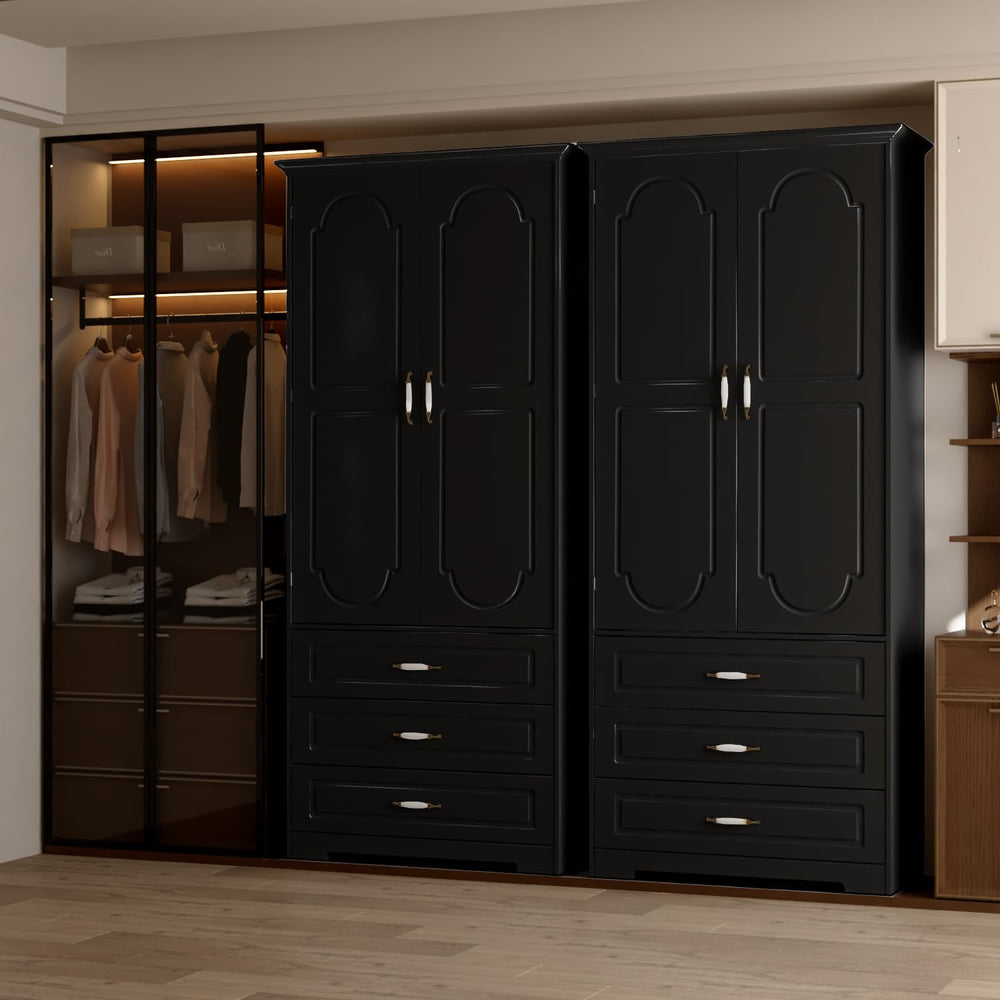 Wooden Wardrobe Closet with 3 Drawers, LED Light & Hanging Rod
