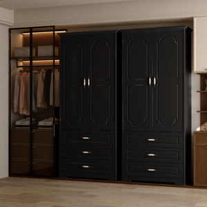 Wooden Wardrobe Closet with 3 Drawers, LED Light & Hanging Rod