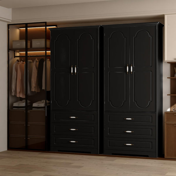 Wooden Wardrobe Closet with 3 Drawers, LED Light & Hanging Rod