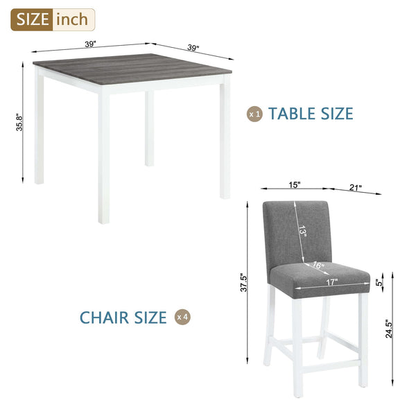 5-Piece Counter Height Dining Table Set for 4 – Solid Wood & Upholstered Linen Chairs