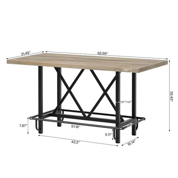 63-Inch Industrial Counter Height Bar Table with Metal Footrest