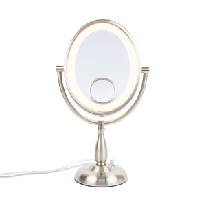 Oval LED Lighted Makeup Mirror with 10X, 1X & 15X Magnification – Nickel Finish