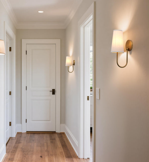 Set of 2 Linen Fabric Wall Sconces – Hardwired Curved Arm Vanity Light