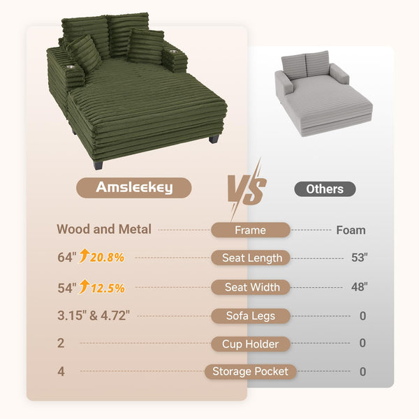 Oversized Chaise Lounge Chair with Wood Frame & Storage