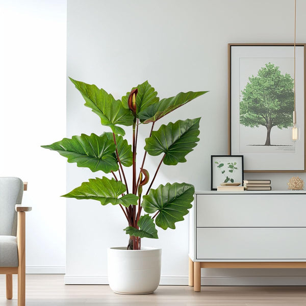 55in Tall Artificial Elephant Ear Plant – 9 Large Faux Tropical Leaves, Indoor Outdoor Decor