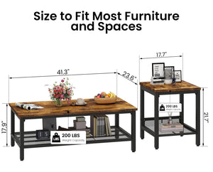 3-Piece Coffee Table and End Table Set – Rustic Brown Wood & Metal