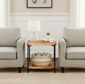 Solid Wood End Table with Metal Frame – 2-Tier Storage Shelf