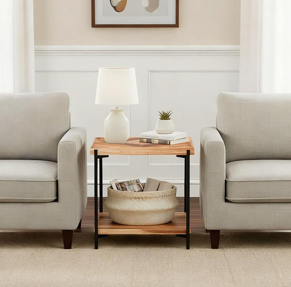 Solid Wood End Table with Metal Frame – 2-Tier Storage Shelf