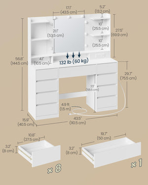 Vanity Desk with Mirror, Lights & Power Outlets – 9 Drawers, White