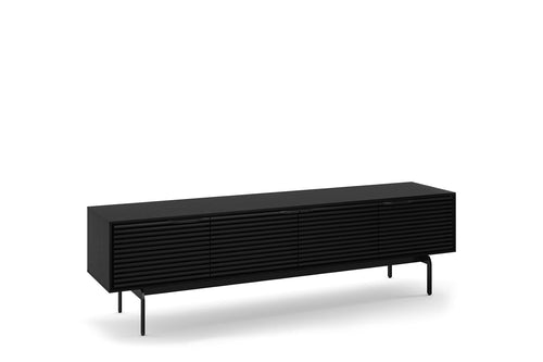 Low Profile TV Stand with Louvered Doors & Soundbar Shelf – Fits TVs up to 85"
