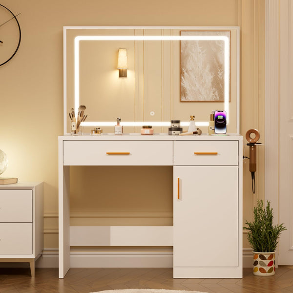 Vanity Desk with LED Mirror, Charging Station & Storage