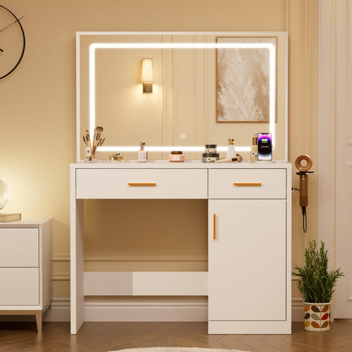 LED Vanity Desk with Mirror, Charging Station & Storage