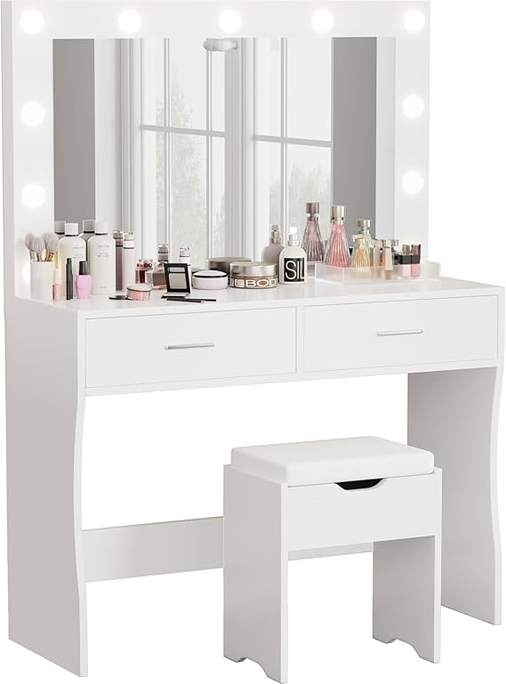 Lighted Makeup Vanity Desk Set with Storage Stool