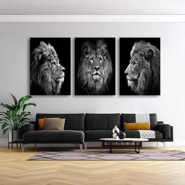 Black & White Lion Canvas Wall Art – 3 Piece Framed Set