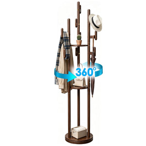 Rotary Wood Coat Rack with Shelves & Hooks