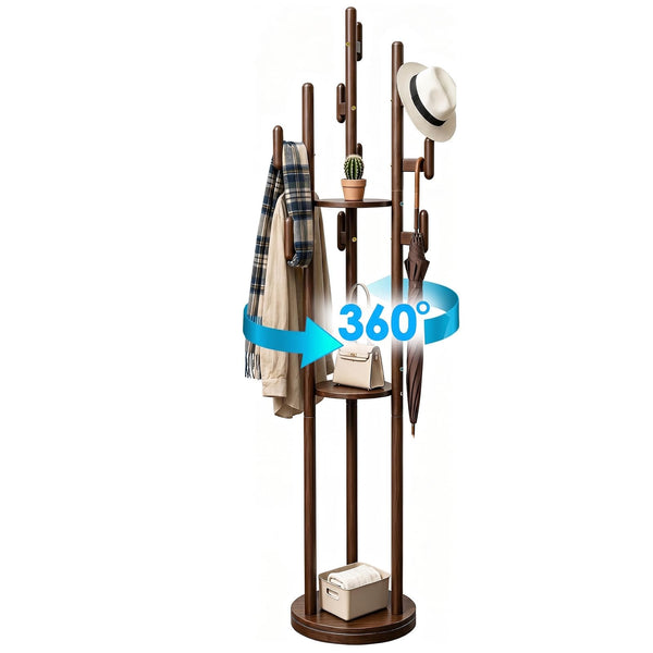 Rotary Wood Coat Rack with Shelves & Hooks