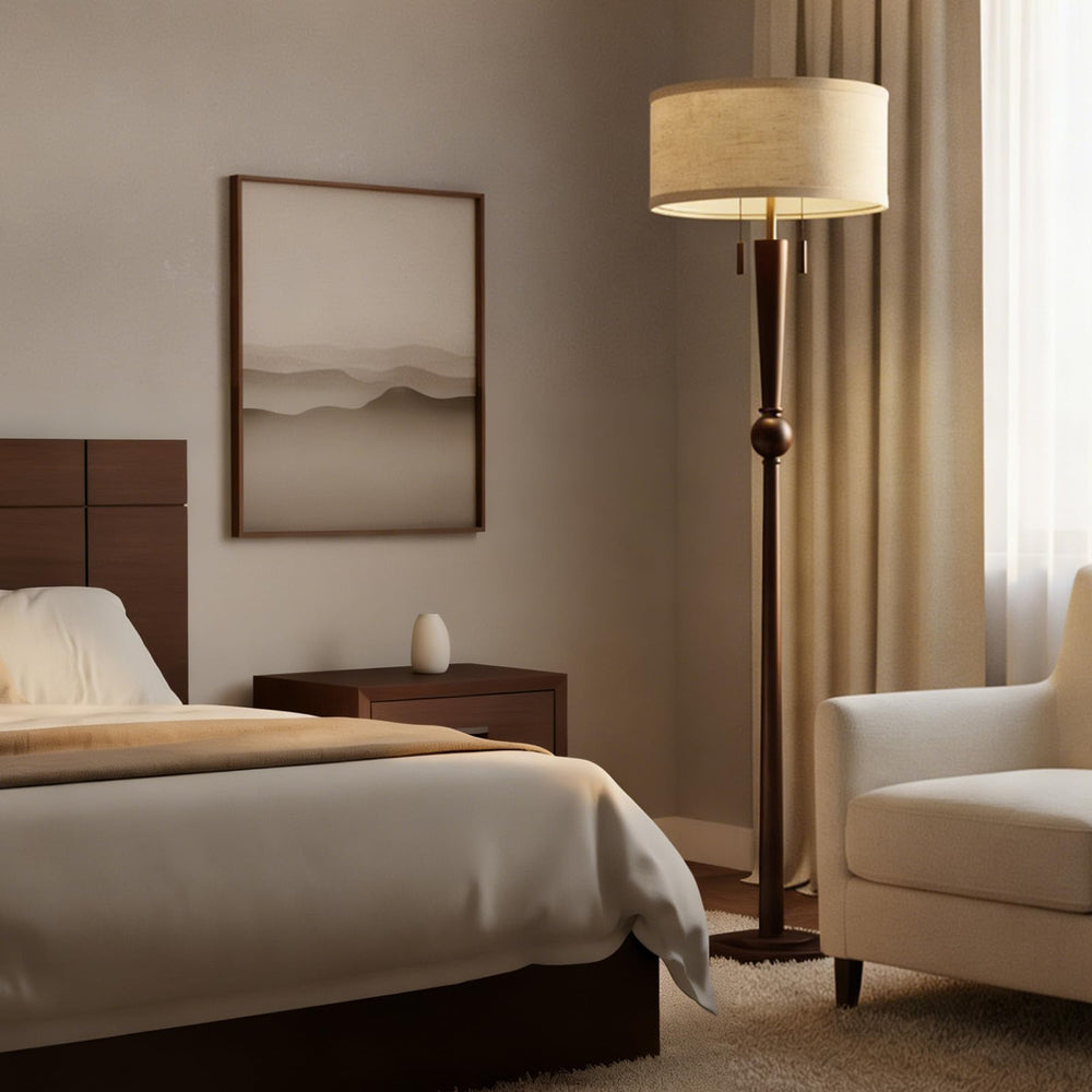 62.8" Solid Wood Floor Lamp with Linen Drum Shade & Pull Chain