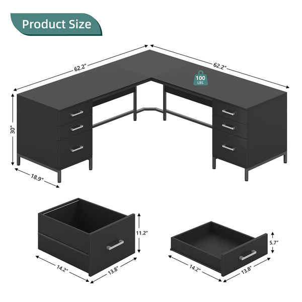 L-Shaped Corner Desk with 6 Drawers and File Cabinet