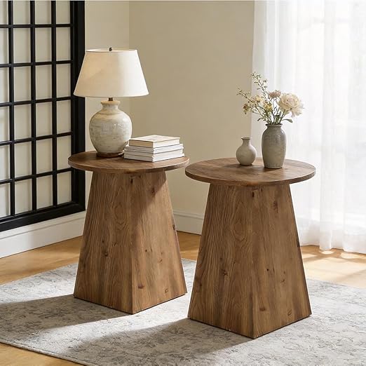 Round Solid Wood End Table with Trapezoid Base