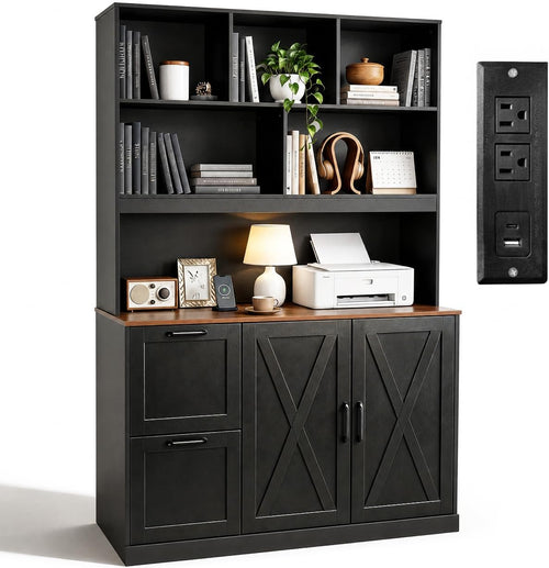 72" Tall Bookshelf with Power Outlet & File Cabinet