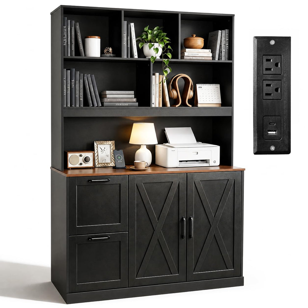 72" Tall Bookshelf with Power Outlet & File Cabinet