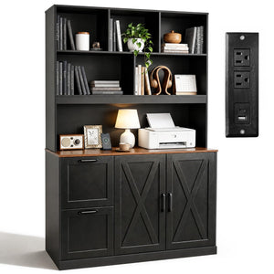 72" Tall Bookshelf with Power Outlet & File Cabinet