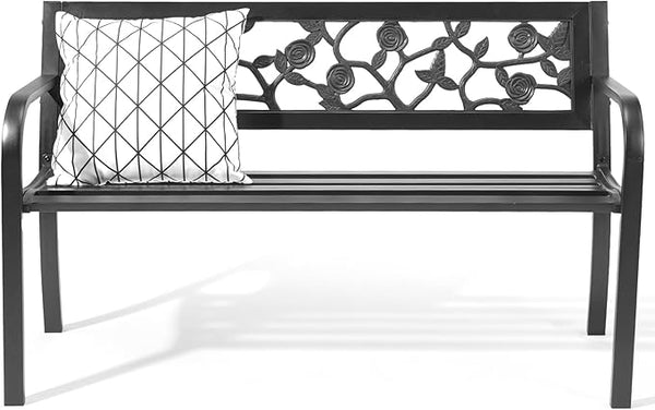Outdoor Metal Patio Bench with Floral Backrest