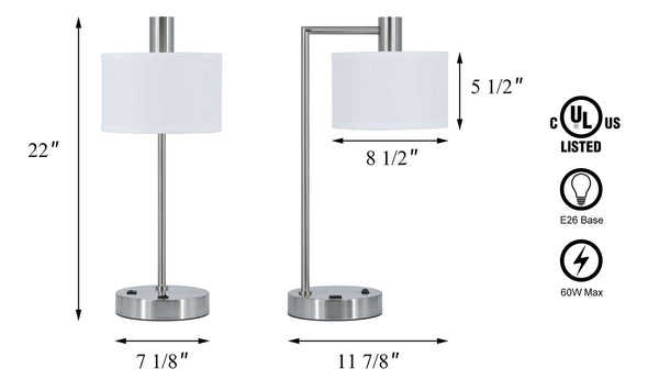 Bedside Table Lamp with USB Charging Port and Fabric Shade