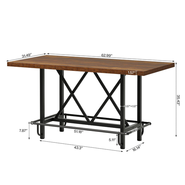 63-Inch Counter Height Bar Table with Metal Footrest