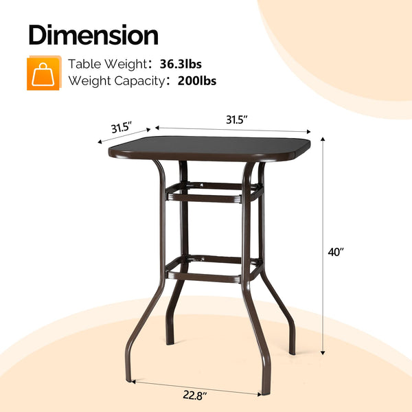 Outdoor Bar Height Table with Square Tempered Glass Top