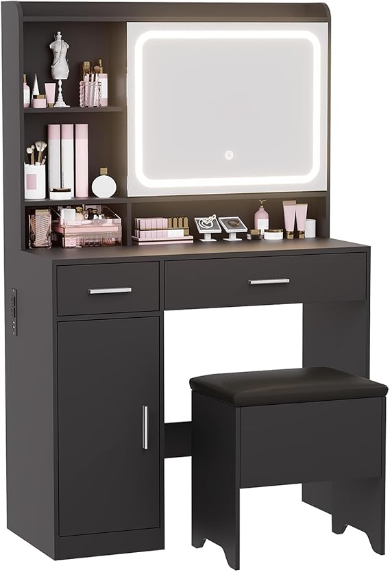 Vanity Desk with LED Mirror, Power Outlets & Storage