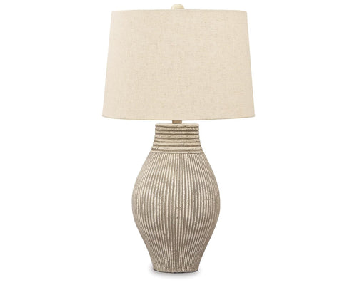 Textured Paper Composite Table Lamp with 3-Way Switch, Neutral Drum Shade