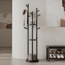 Rotating Wood Coat Rack with 3 Shelves and 9 Hooks
