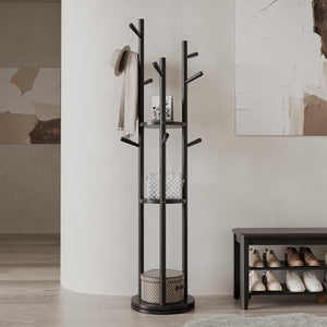 Rotating Wood Coat Rack with 3 Shelves and 9 Hooks