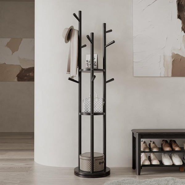 Rotating Wood Coat Rack with 3 Shelves and 9 Hooks
