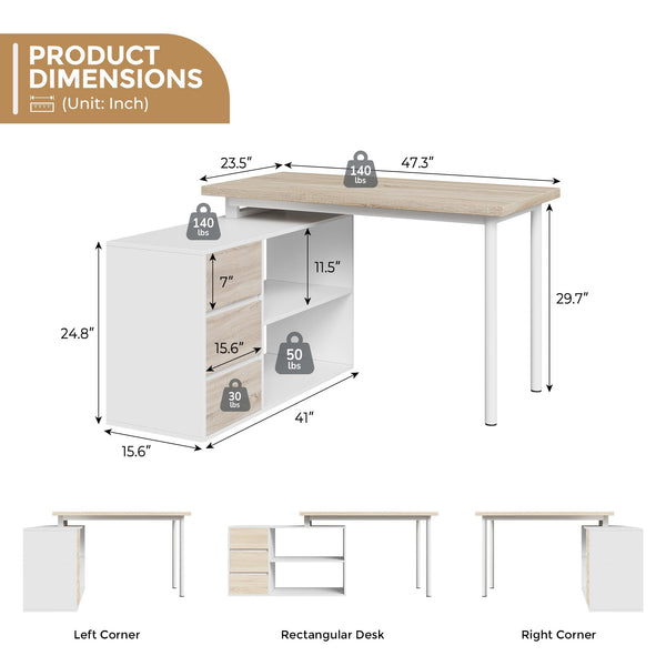 L-Shaped Corner Desk with Drawers and Open Shelves