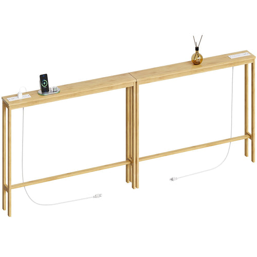 Narrow Bamboo Console Sofa Table with Power Outlets