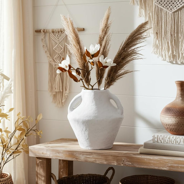 Paper Mache Amphora Vase with Handles – 14 Inch, White