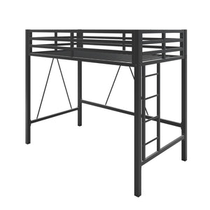 Twin Size Metal Loft Bed with Guardrail & Movable Ladder