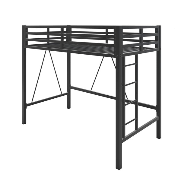 Twin Size Metal Loft Bed with Guardrail & Movable Ladder