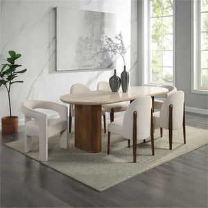 Travertine Top Oval Dining Table with Dark Oak Base